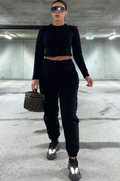 Rebellious Fashion Black Corset Crop Top Joggers Co-ord - Daisy