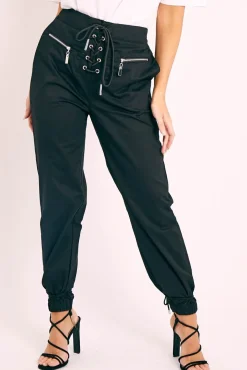 Rebellious Fashion Black Corset Detail Cuffed Trousers - Hayleigh