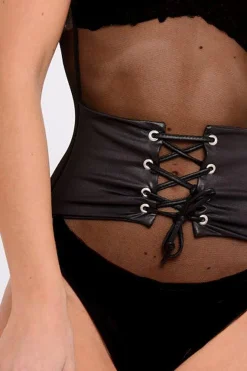 Rebellious Fashion Black Corset Detail Thong Bodysuit - Jordyn