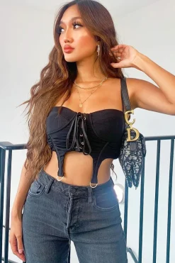Rebellious Fashion Black Corset Lace Front Crop Top - Huda