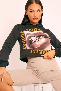Rebellious Fashion Black Couture Graphic Cropped Hoodie - Camia