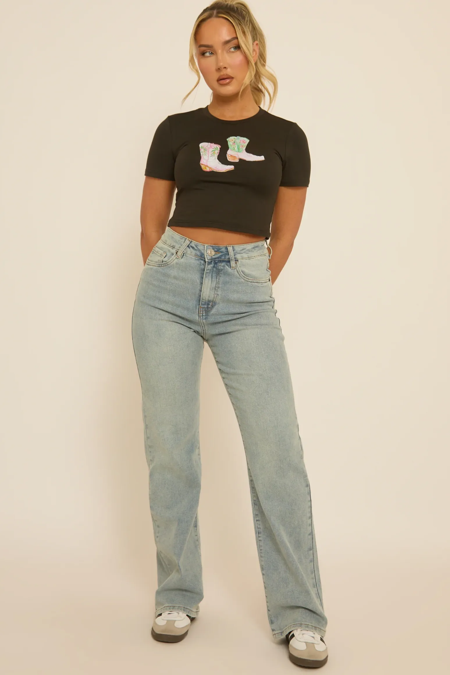 Rebellious Fashion Black Cowgirl Boots Crop Tshirt - Precious