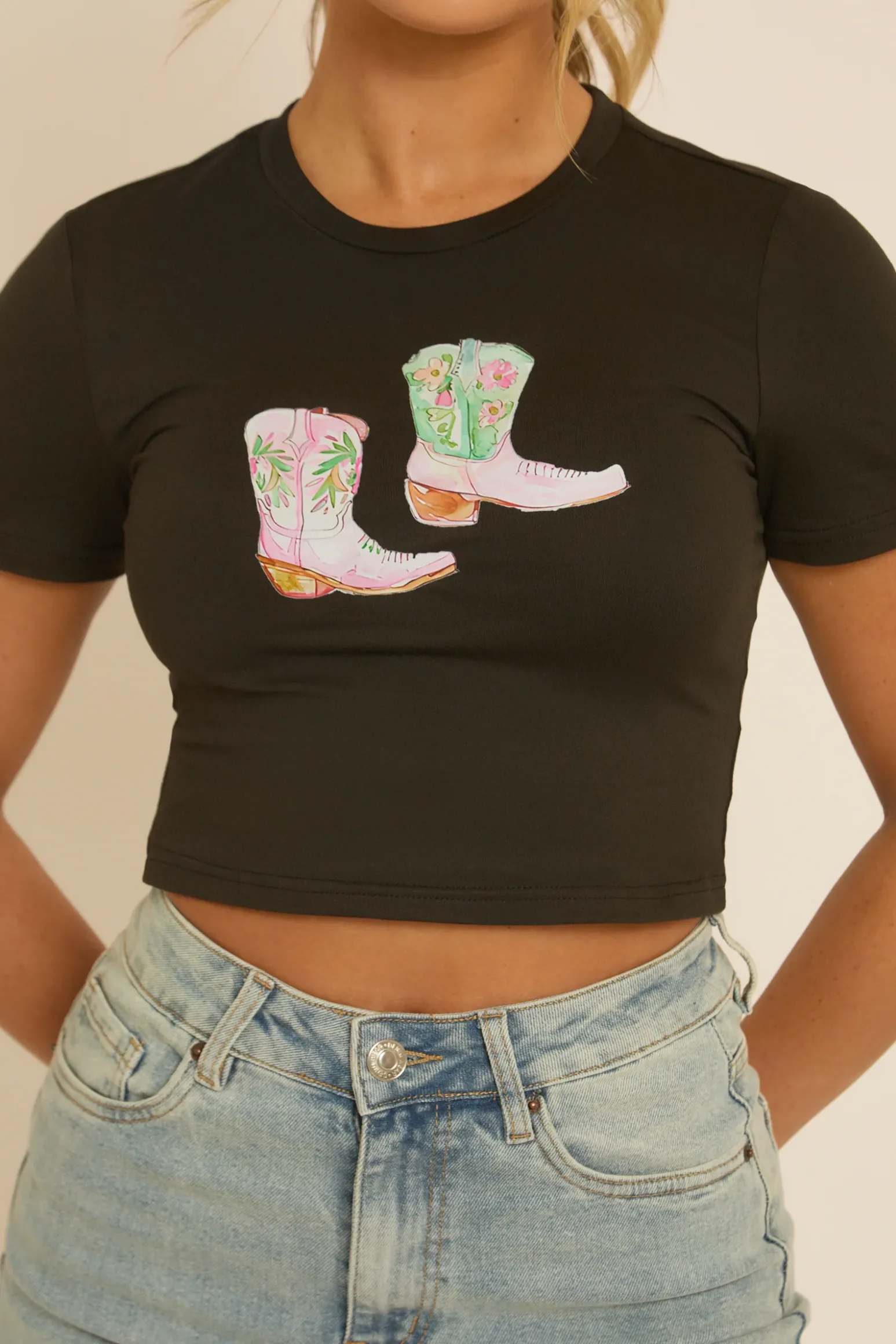 Rebellious Fashion Black Cowgirl Boots Crop Tshirt - Precious