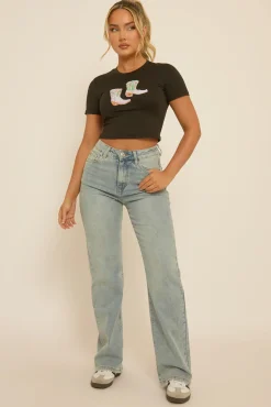 Rebellious Fashion Black Cowgirl Boots Crop Tshirt - Precious