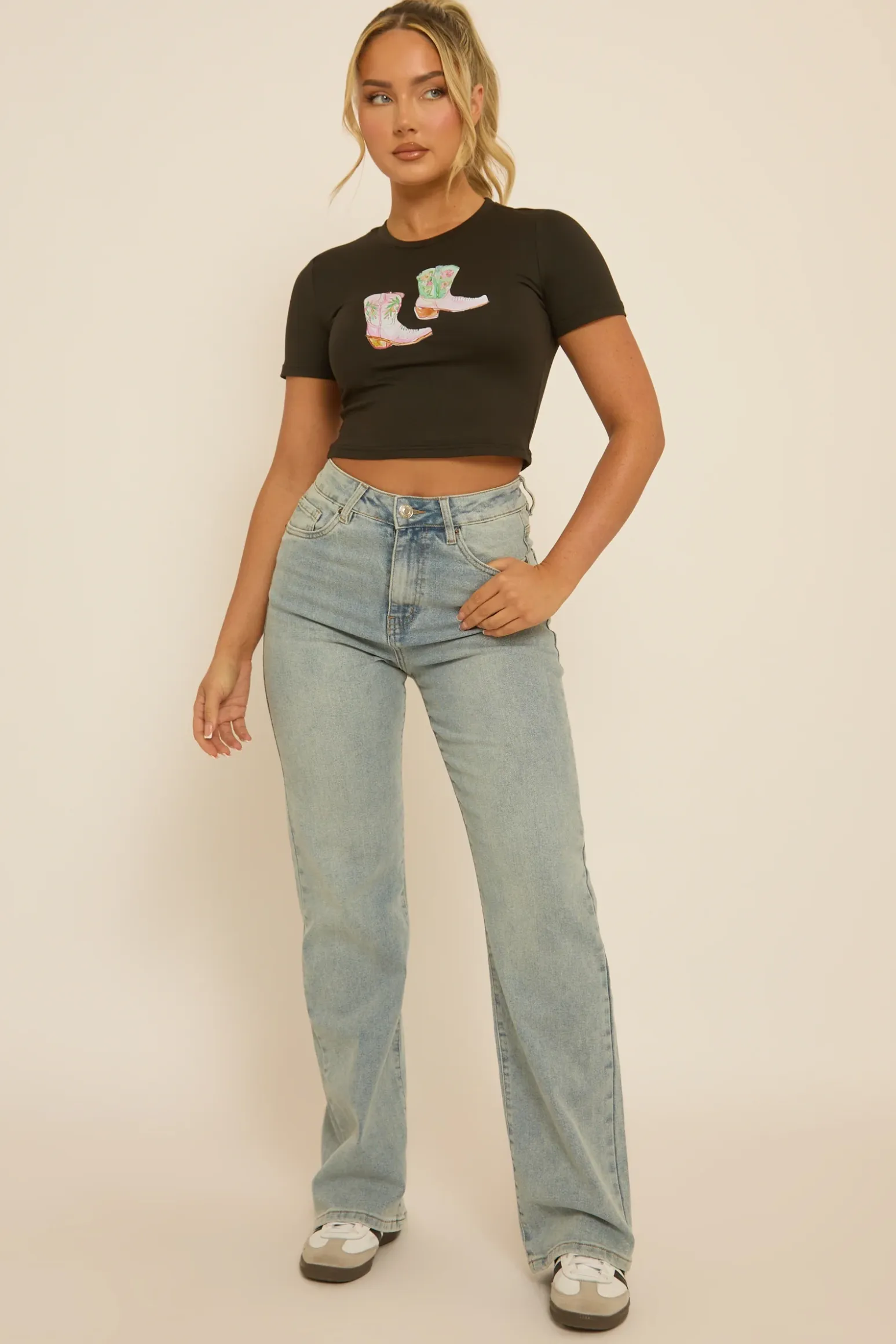 Rebellious Fashion Black Cowgirl Boots Crop Tshirt - Precious