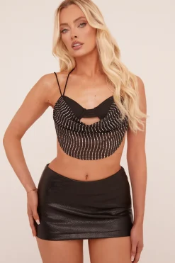 Rebellious Fashion Black Cowl Neck Cropped Top - Lurena