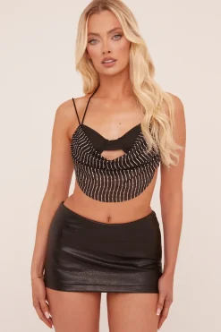 Rebellious Fashion Black Cowl Neck Cropped Top - Lurena