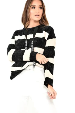 Rebellious Fashion Black Cream Chenille Slogan Tape Jumper - Gwenith