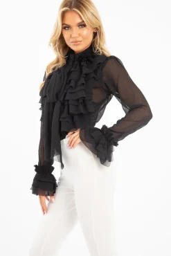 Rebellious Fashion Black Crepe Ruffle High Neck Shirt - Honey