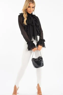 Rebellious Fashion Black Crepe Ruffle High Neck Shirt - Honey