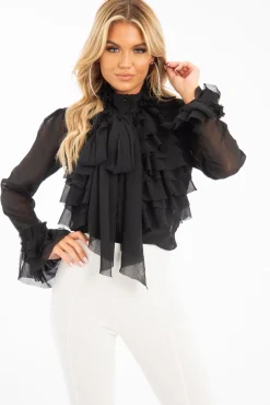 Rebellious Fashion Black Crepe Ruffle High Neck Shirt - Honey