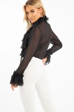 Rebellious Fashion Black Crepe Ruffle High Neck Shirt - Honey
