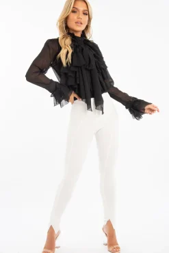 Rebellious Fashion Black Crepe Ruffle High Neck Shirt - Honey