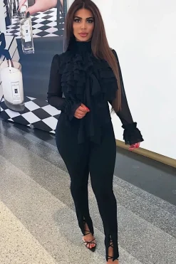 Rebellious Fashion Black Crepe Ruffle High Neck Shirt - Honey