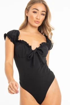 Rebellious Fashion Black Crepe Ruffle Tie Front Bardot Bodysuit - Trixie