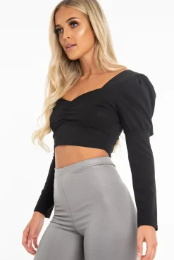 Rebellious Fashion Black Crepe Sweetheart Puff Sleeve Crop Top - Porsha