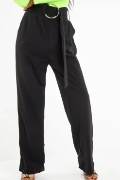 Rebellious Fashion Black Crepe Wide Leg O Ring Belted Trousers - Jaselle