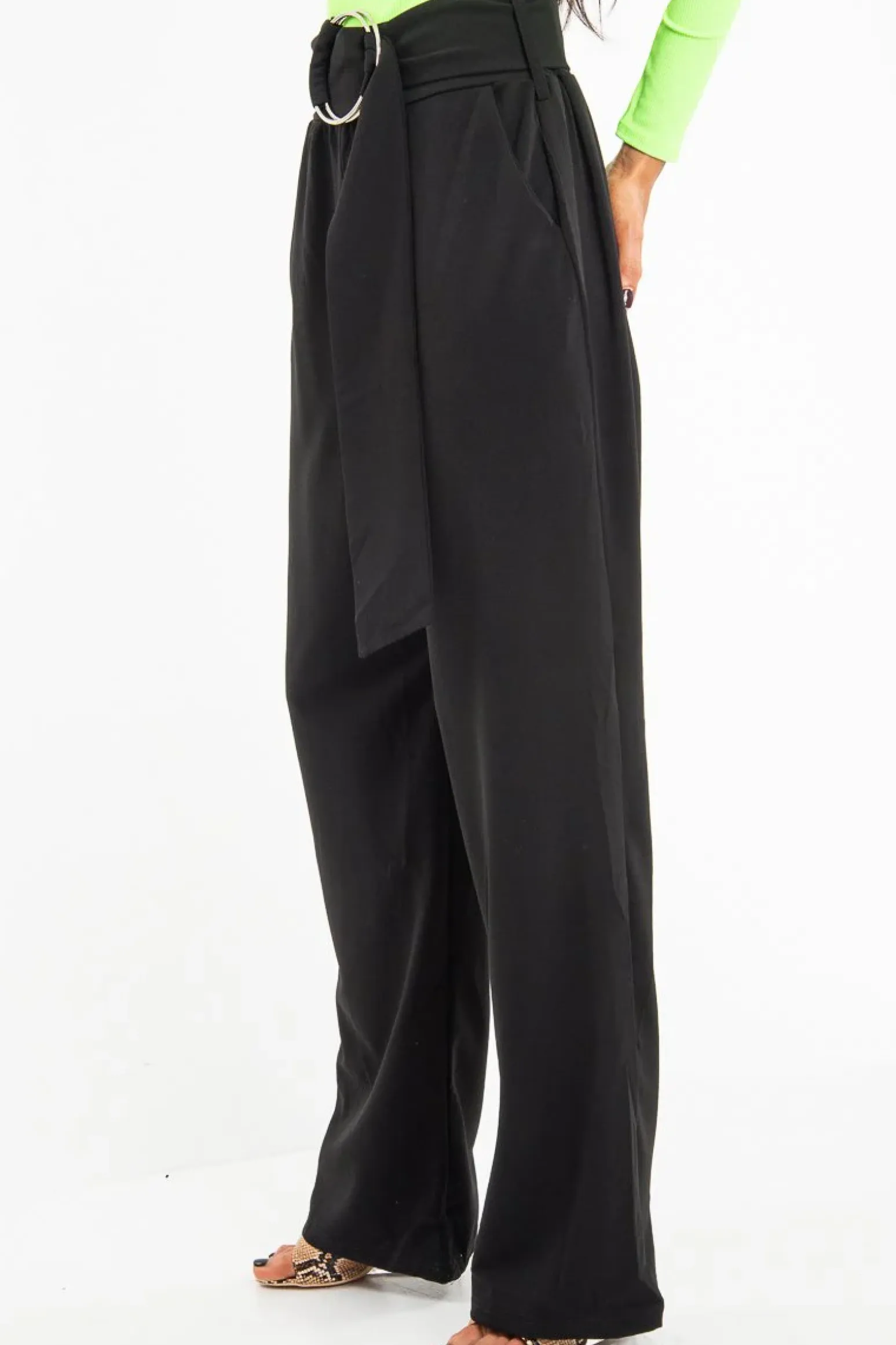 Rebellious Fashion Black Crepe Wide Leg O Ring Belted Trousers - Jaselle