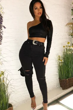 Rebellious Fashion Black Croc Embossed One Sleeve Crop Top - Prim