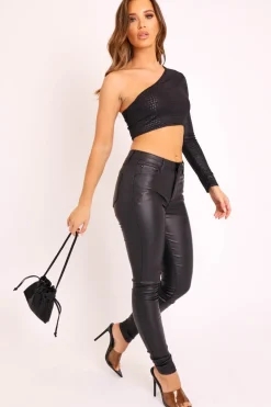 Rebellious Fashion Black Croc Embossed One Sleeve Crop Top - Prim