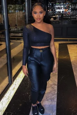 Rebellious Fashion Black Croc Embossed One Sleeve Crop Top - Prim