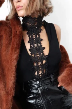 Rebellious Fashion Black Crochet Choker Bodysuit - Tamara