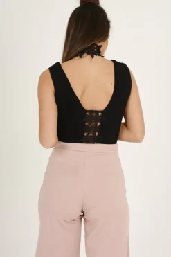 Rebellious Fashion Black Crochet Choker Bodysuit - Tamara