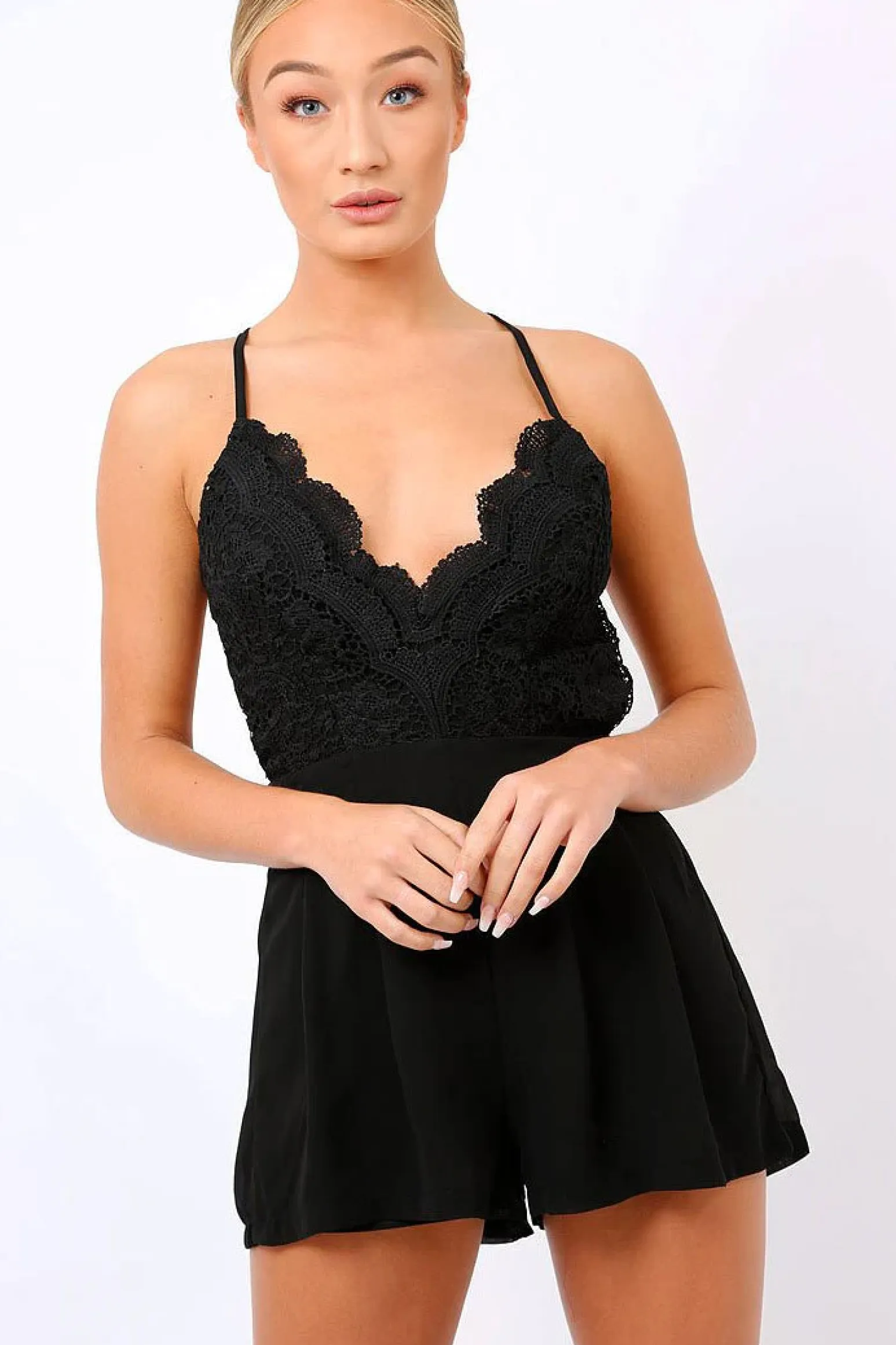 Rebellious Fashion Black Crochet Cross Back Playsuit - Quinn