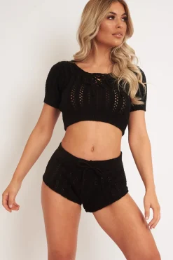 Rebellious Fashion Black Crochet Knit Top Shorts Co-ord - Aarini