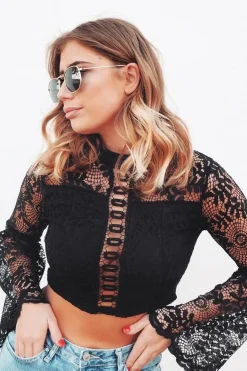 Rebellious Fashion Black Crochet Lace Bell Sleeve Crop Top - Taylor
