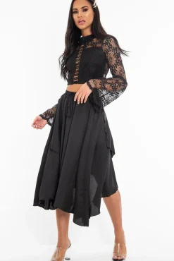 Rebellious Fashion Black Crochet Lace Bell Sleeve Crop Top - Taylor