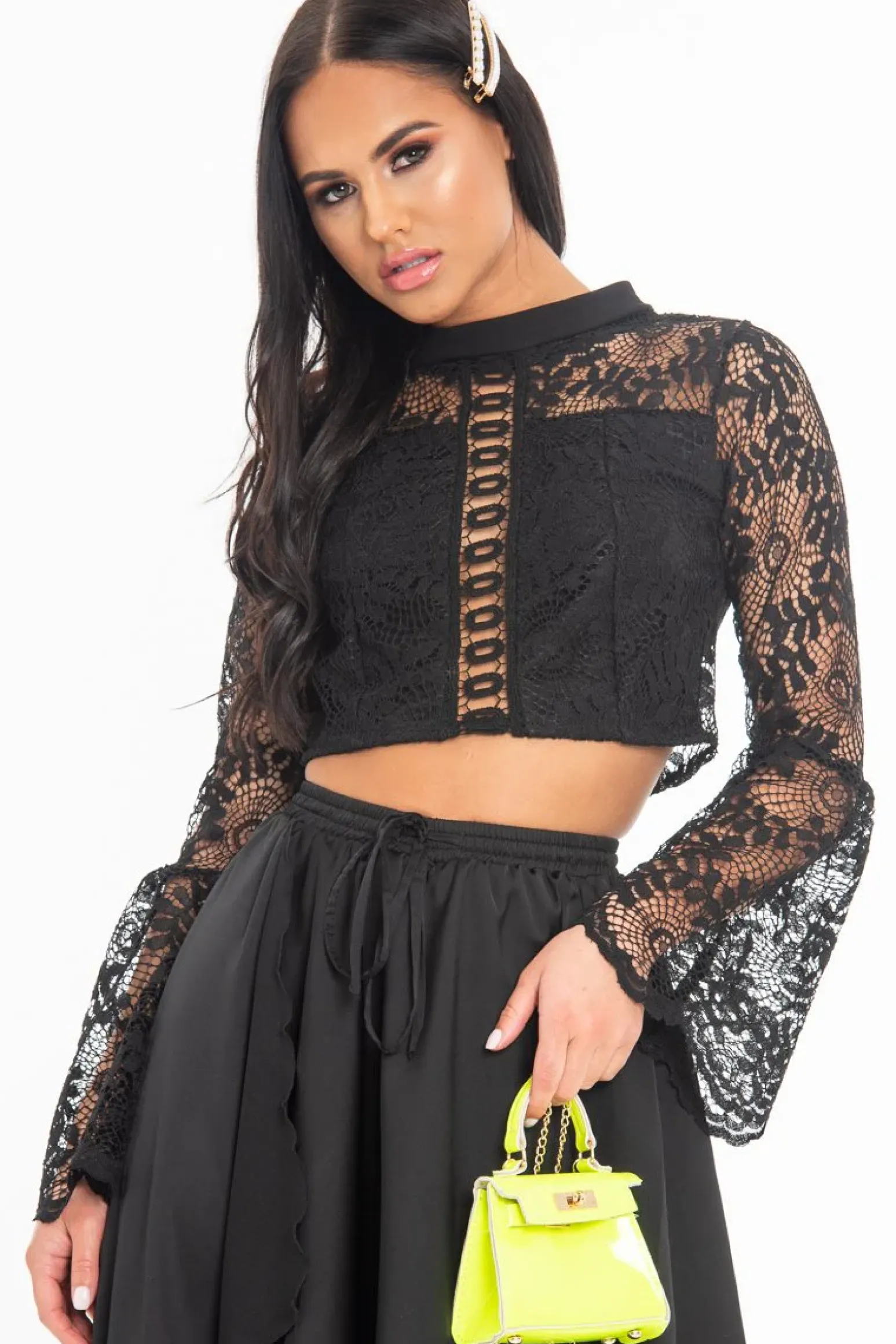 Rebellious Fashion Black Crochet Lace Bell Sleeve Crop Top - Taylor