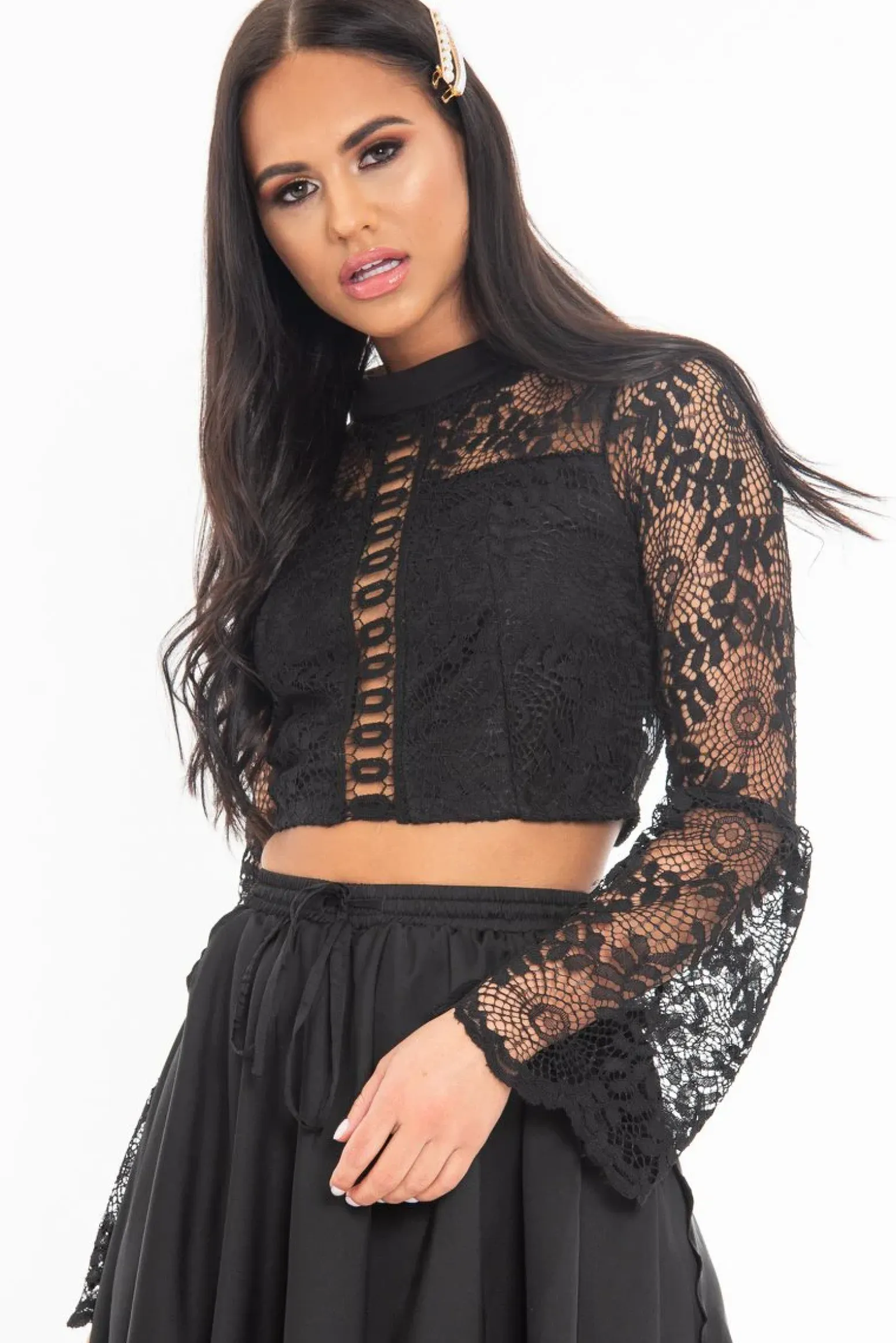 Rebellious Fashion Black Crochet Lace Bell Sleeve Crop Top - Taylor