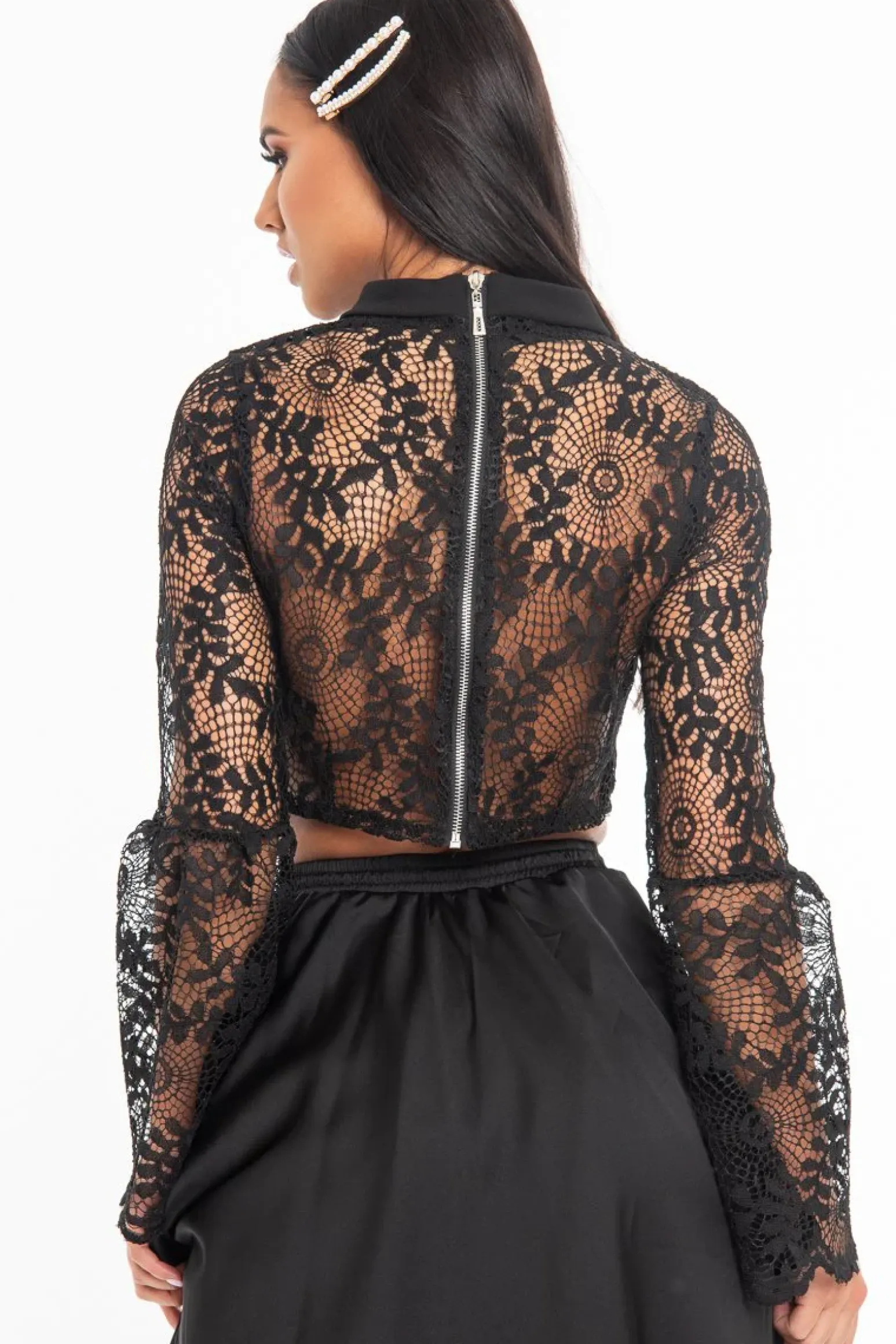 Rebellious Fashion Black Crochet Lace Bell Sleeve Crop Top - Taylor