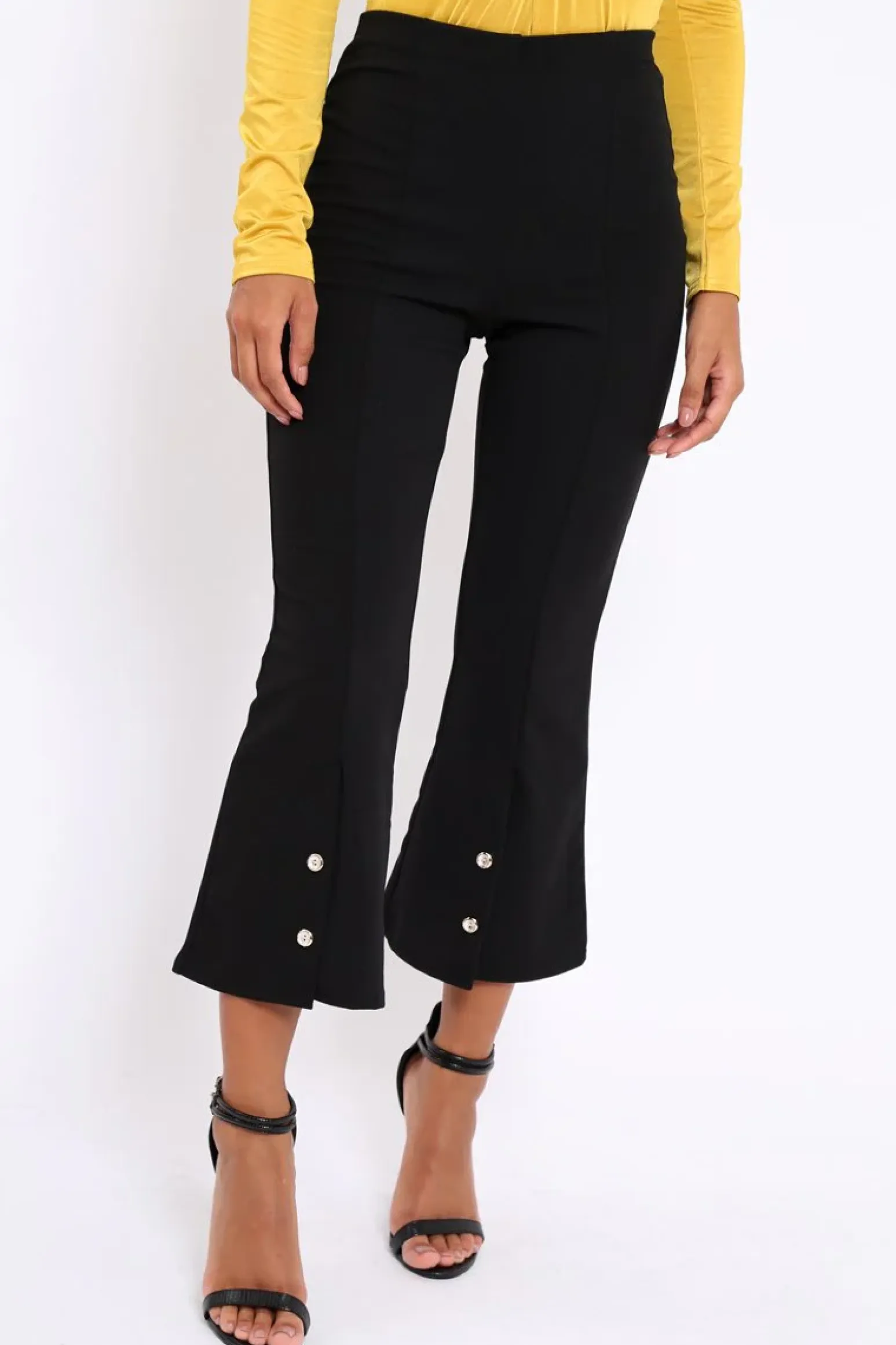 Rebellious Fashion Black Cropped Bell Button Bottom Trousers - Daisie