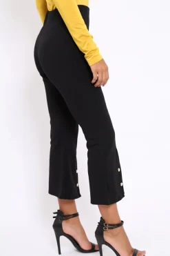 Rebellious Fashion Black Cropped Bell Button Bottom Trousers - Daisie