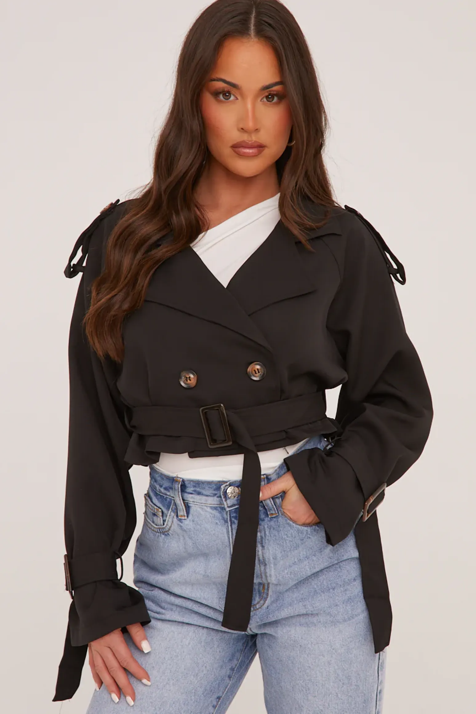 Rebellious Fashion Black Cropped Belted Trench Coat - Naomi