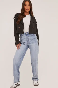 Rebellious Fashion Black Cropped Belted Trench Coat - Naomi