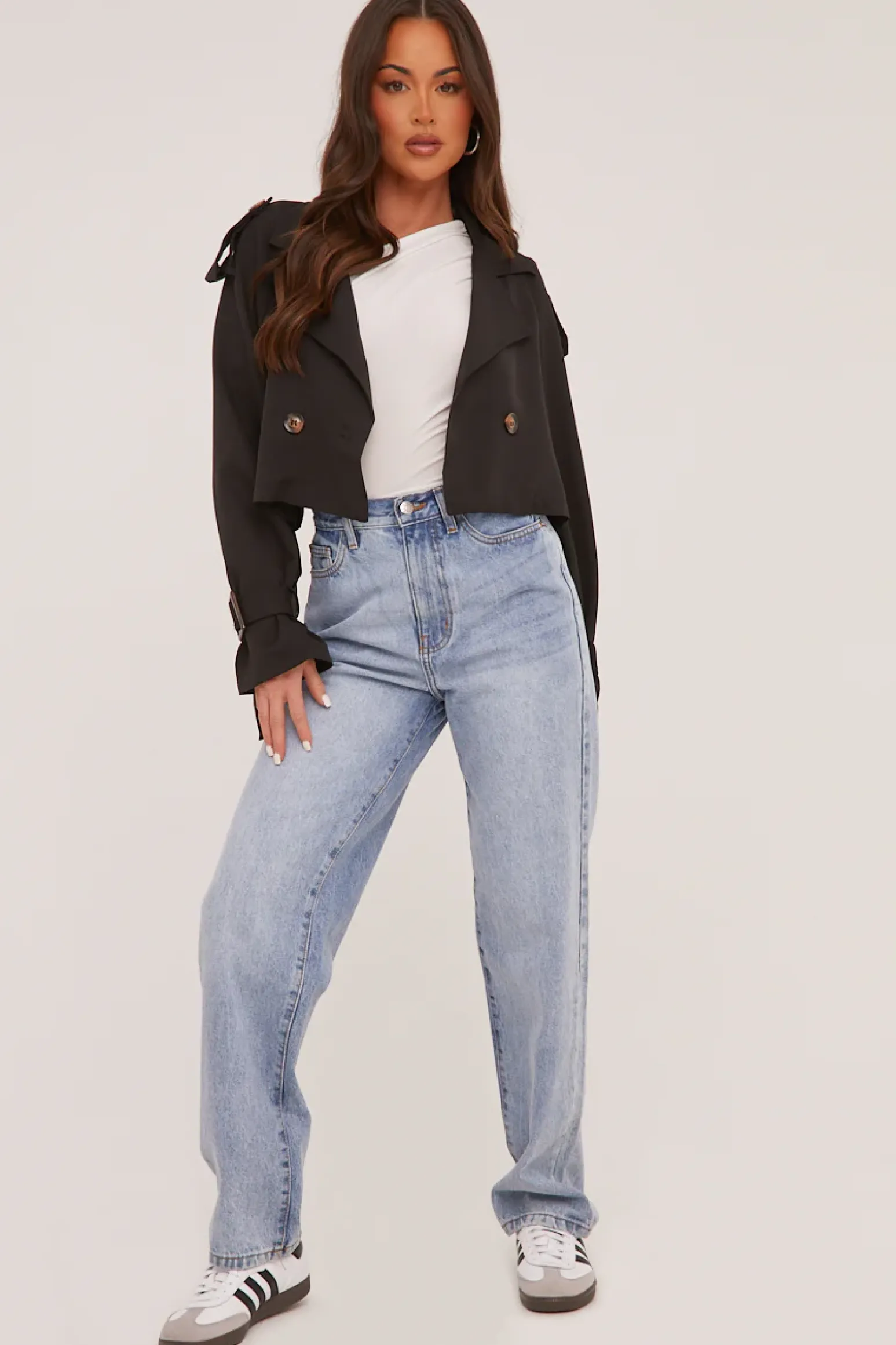 Rebellious Fashion Black Cropped Belted Trench Coat - Naomi