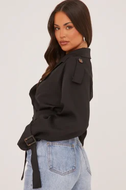 Rebellious Fashion Black Cropped Belted Trench Coat - Naomi