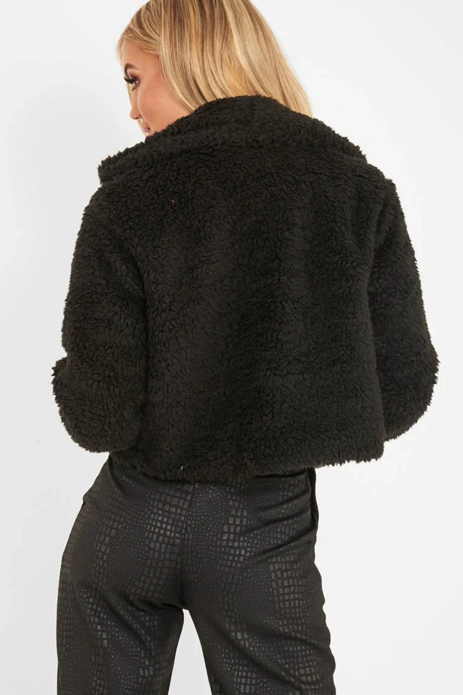 Rebellious Fashion Black Cropped Borg Popper Button Coat - Ezmerelda