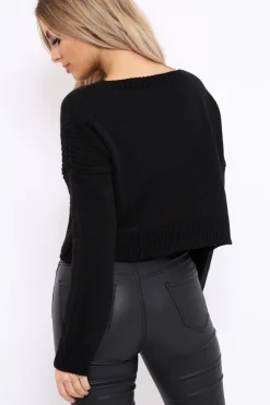 Rebellious Fashion Black Cropped Curved Hem Jumper - Fearne