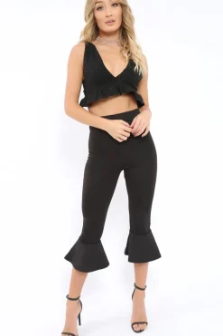 Rebellious Fashion Black Cropped Flare Hem Trousers - Aniesha