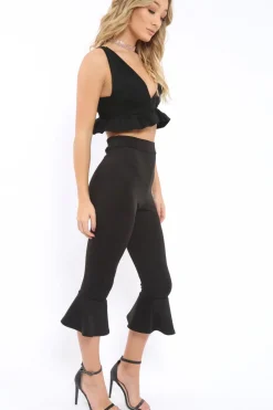 Rebellious Fashion Black Cropped Flare Hem Trousers - Aniesha
