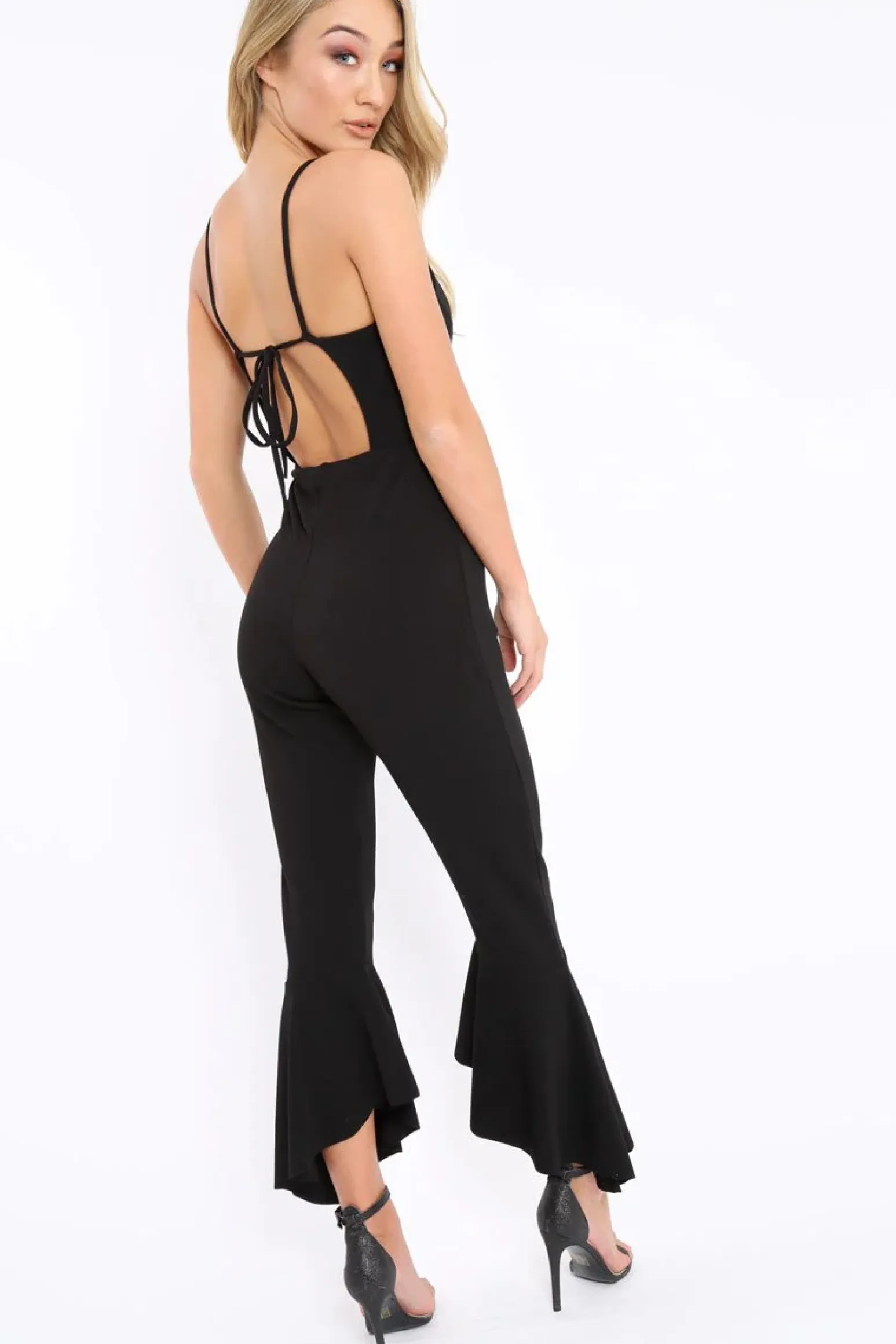 Rebellious Fashion Black Cropped Frill Hem Jumpsuit - Sadey