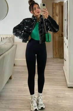 Rebellious Fashion Black Cropped High Shine Puffer Jacket - Alba