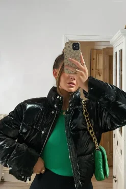 Rebellious Fashion Black Cropped High Shine Puffer Jacket - Alba