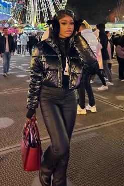 Rebellious Fashion Black Cropped High Shine Puffer Jacket - Alba