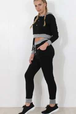 Rebellious Fashion Black Cropped Hooded Loungewear set- Milani