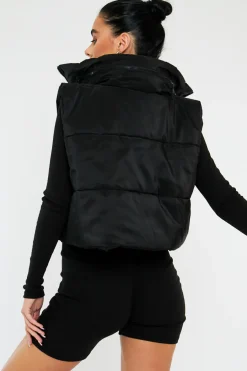 Rebellious Fashion Black Cropped Hooded Puffer Gilet - Chani